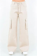 Beige drawstring wide leg cargo pants with pockets, perfect for a stylish and comfortable casual look.