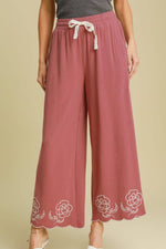 Chic Umgee full size linen blend wide leg pants with scalloped hem and floral embroidery, perfect for warm weather.