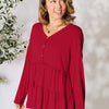 Double Take Half Button Long Sleeve Ruffle Hem Blouse - Wine