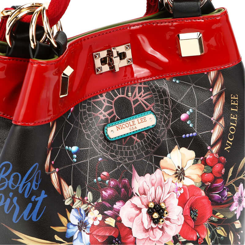 Nicole Lee USA Flower Pattern Adjustable Strap Backpack Bag with red trim and floral design