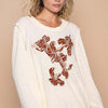 POL Embroidered Round Neck Long Sleeve Knit Top - Cream
