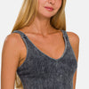 Washed Ribbed Cropped V-Neck Tank - Ash Black