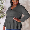 Double Take Half Button Long Sleeve Ruffle Hem Blouse - Charcoal