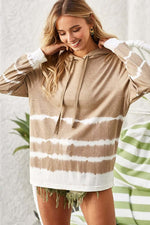 Trendy BiBi drawstring tie-dye French terry hoodie in soft beige and white, perfect for casual comfort and style.