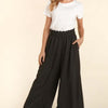 Elastic Waist Wide Leg Pants with Pockets - Black