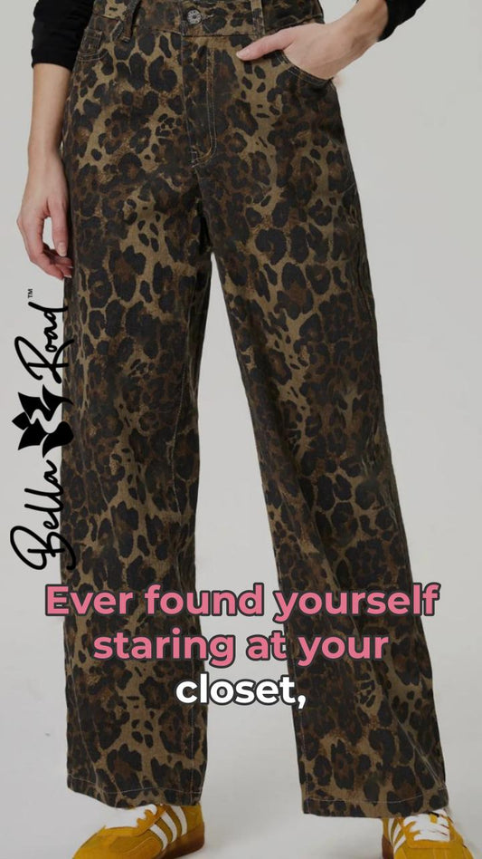 Model wearing leopard print straight jeans with pockets, styled with casual footwear and playful text overlay, showcasing trendy fashion choice.