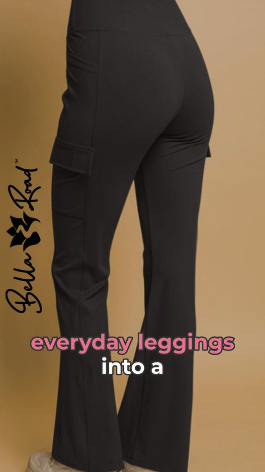 Black flared cargo leggings from Bella & Bond, showcasing stylish pockets for everyday wear.