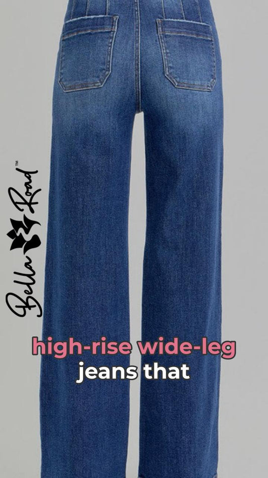 Back view of high-rise wide-leg jeans showcasing slanted pockets and a stylish fit.