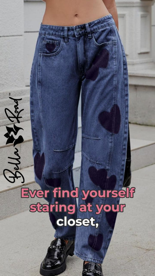 Trendy heart-patterned mid-rise jeans in blue, perfect for stylish closet inspiration.