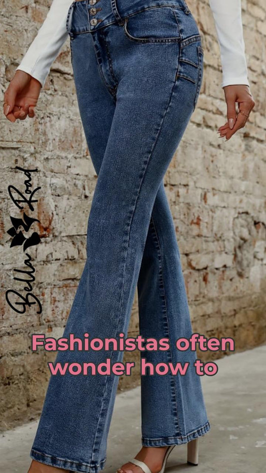 Woman showcasing stylish bootcut jeans with pockets against a rustic stone wall, perfect for fashion inspiration.