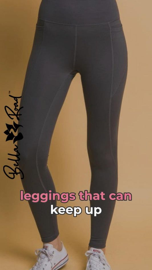 High-waisted gray leggings with a sleek design, featuring the phrase "leggings that can keep up." Perfect for fitness and everyday wear.