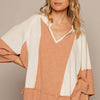 Notched Frayed Edge Contrast Top - Natural/Topaz