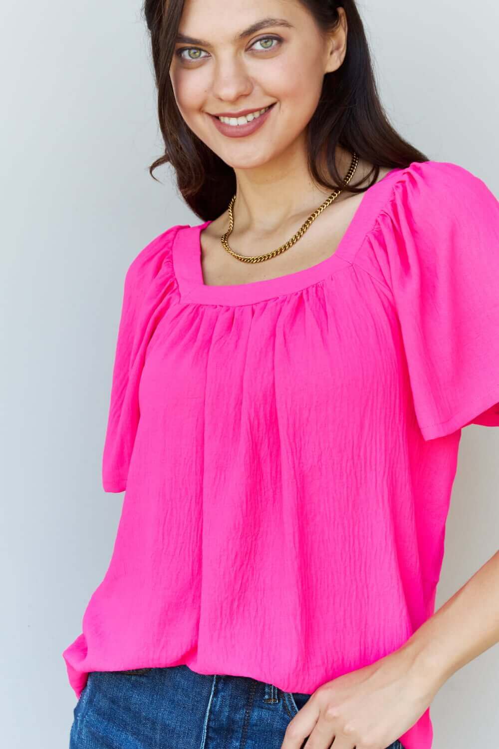 NINEXIS Keep Me Close Square Neck Short Sleeve Blouse in Fuchsia at Bella Road