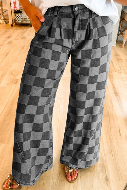 Bella Road Checkered Wide Leg Jeans with Pockets