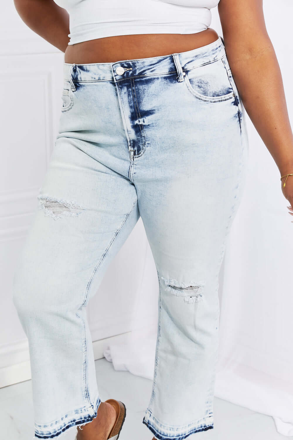 Camille Acid Wash Crop Straight Jeans by Risen Jeans - trendy distressed cropped jeans with flattering fit for every body.