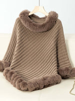 Cozy Bella Road Fuzzy Trim Poncho with three-quarter sleeves, featuring a stylish ribbed texture and fluffy trim. Perfect for chilly days!