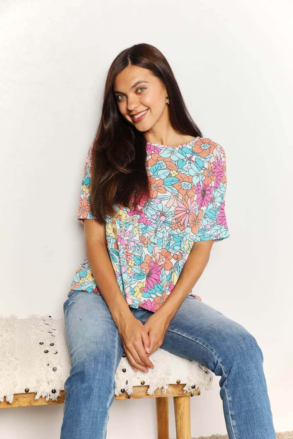 DOUBLE TAKE Floral Round Neck Babydoll Top at Bella Road