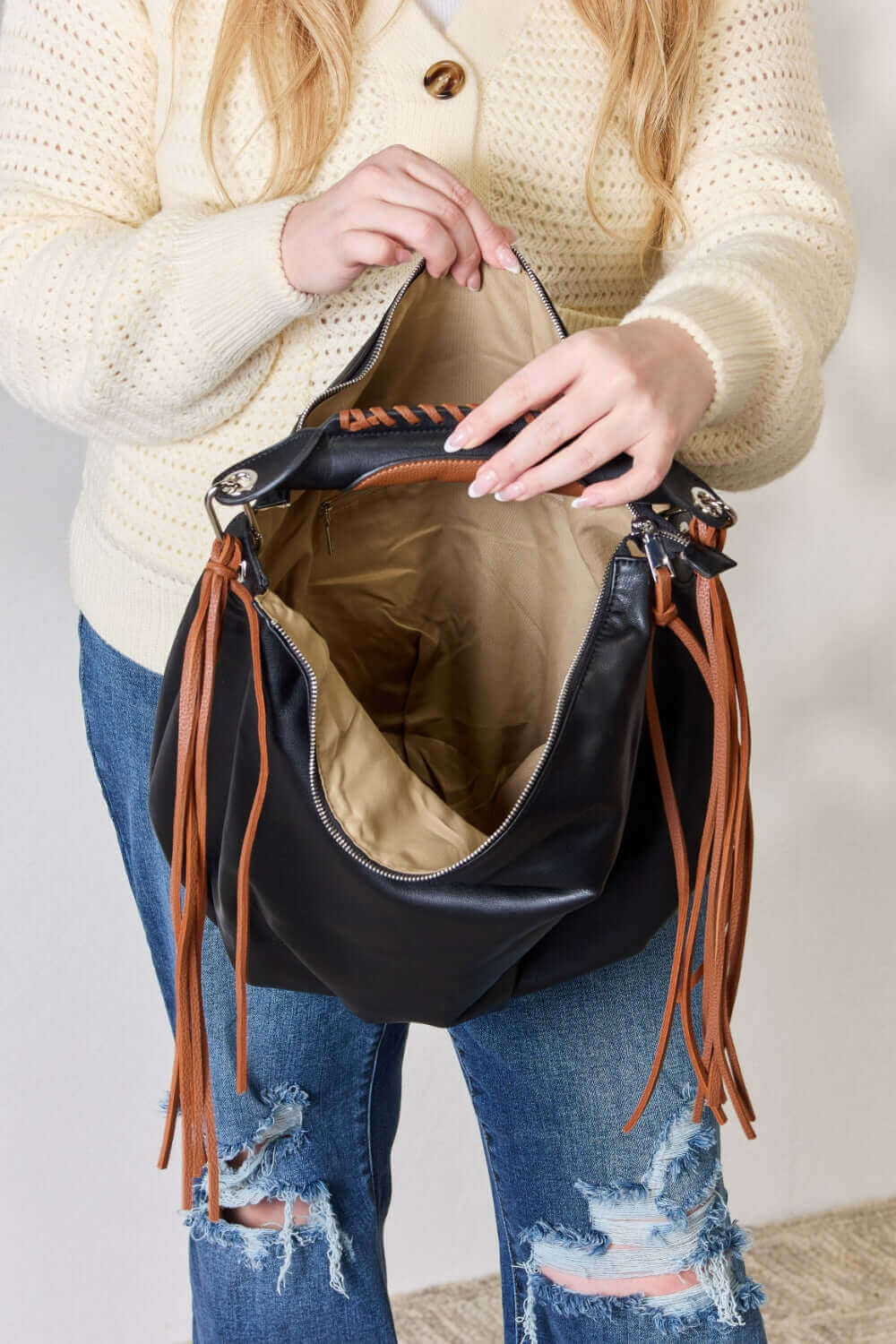 SHOMICO Fringe Detail Contrast Handbag at Bella Road