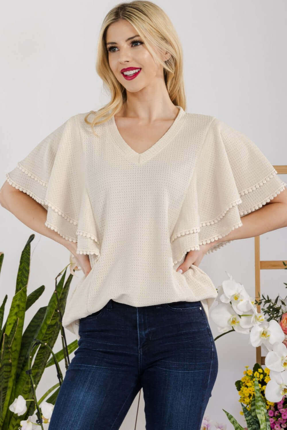 CELESTE Full Size V-Neck Lace Trim Flutter Sleeve Top at Bella Road