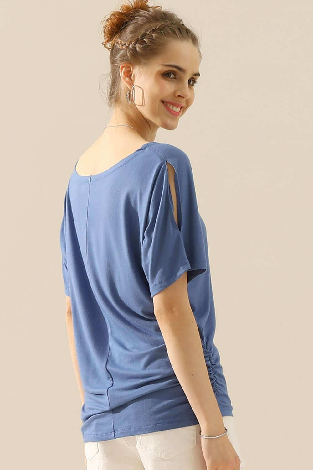 NINEXIS Boat Neck Short Sleeve Ruched Side Top at Bella Road