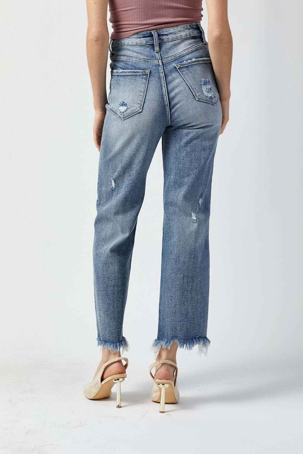 High Waist Raw Hem Straight Risen Jeans - back view, casual chic denim with raw hem, perfect for everyday wear and comfort.