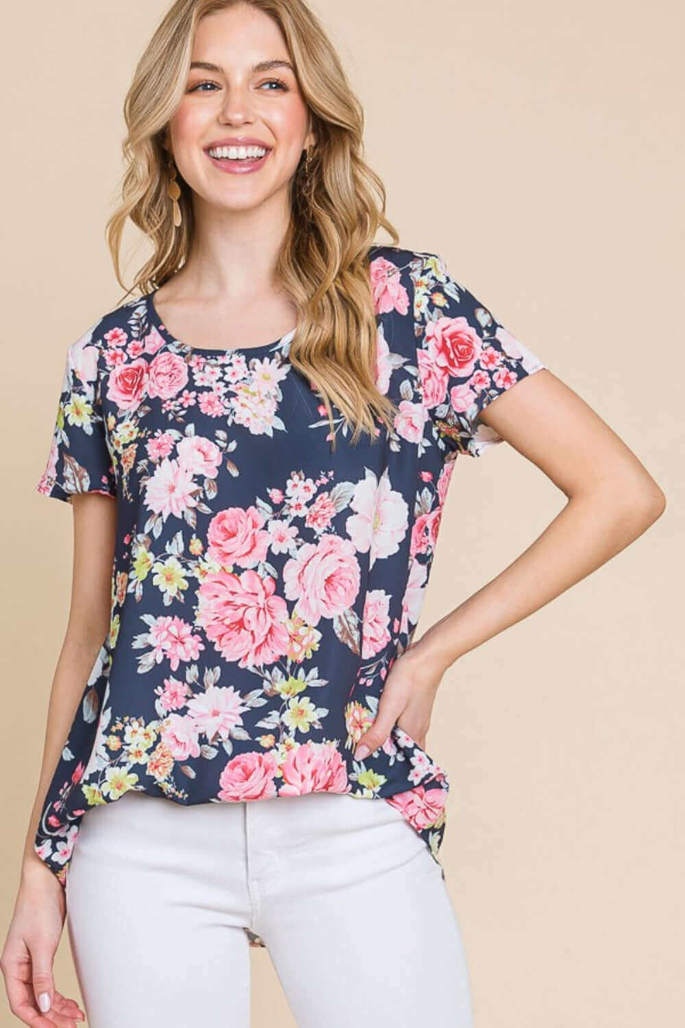 BOMBOM Floral Round Neck Short Sleeve T-Shirt at Bella Road