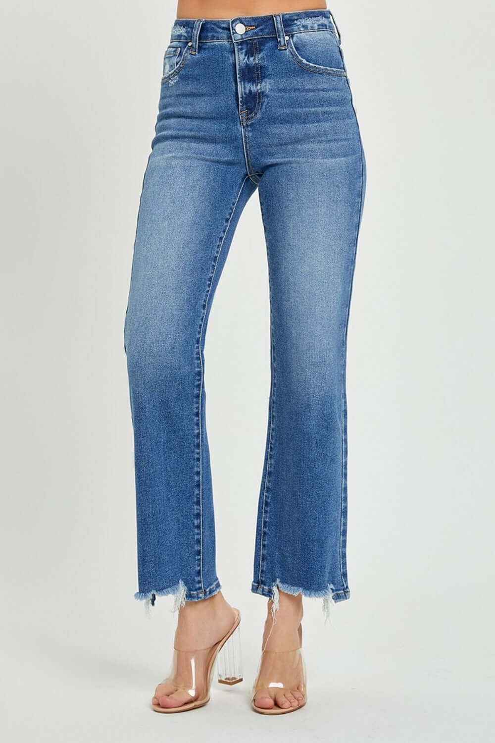 RISEN high-rise straight jeans with frayed hem, offering a timeless silhouette and versatile style, perfect for cropped tops or tucked-in blouses.