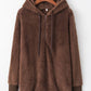 Cozy brown teddy hoodie with quarter-zip and drawstring, perfect for chilly days and casual outings.