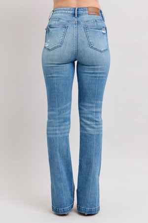 Back view of Judy Blue high waist slim bootcut jeans with vintage wash and side slit details.