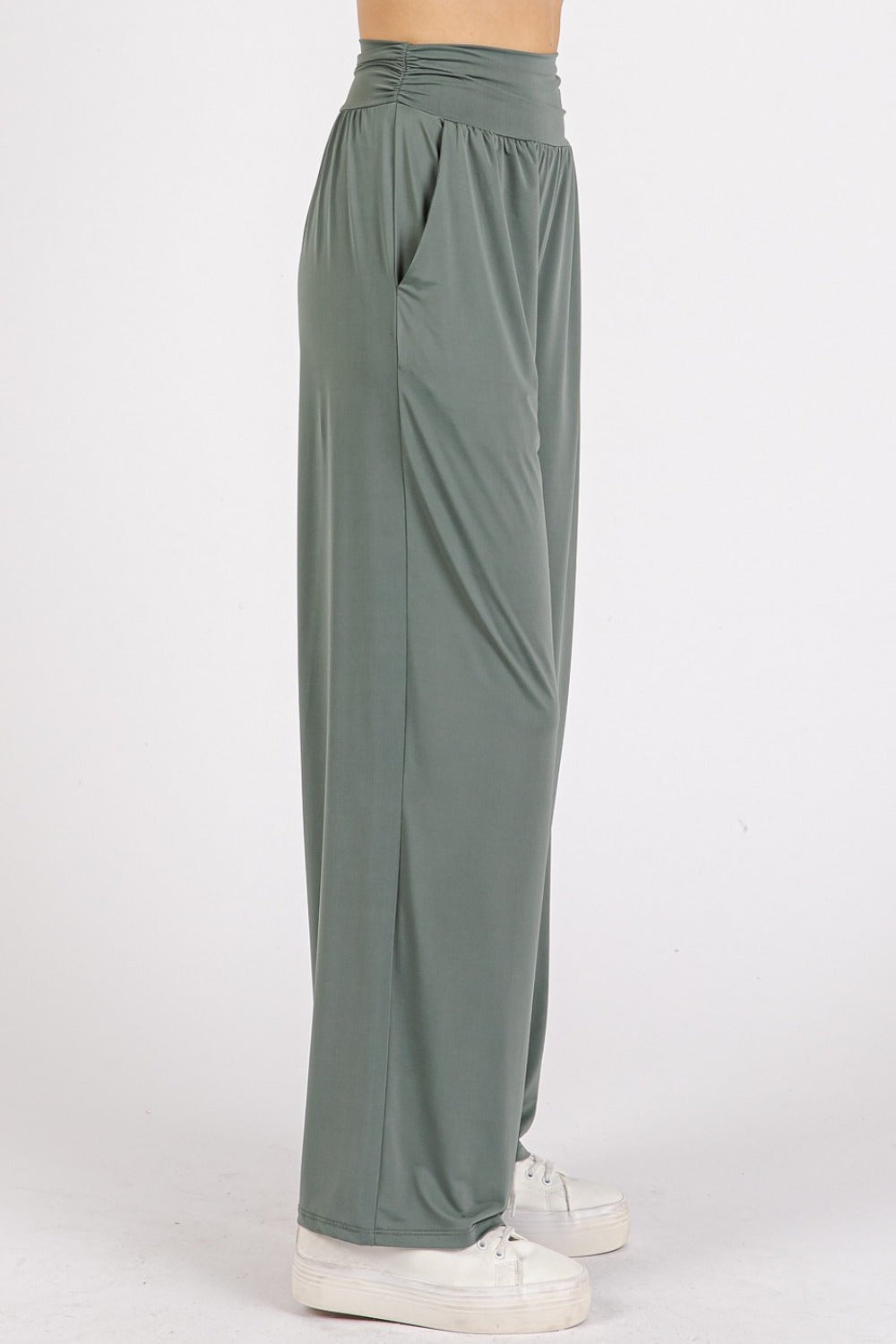 Mittoshop wide leg pants with stretch banded waist and pockets in green, side view showcasing stylish and comfortable fit.