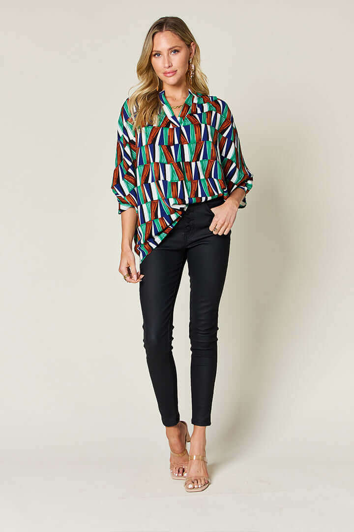 DOUBLE TAKE Full Size Geometric Notched Raglan Sleeve Blouse at Bella Road