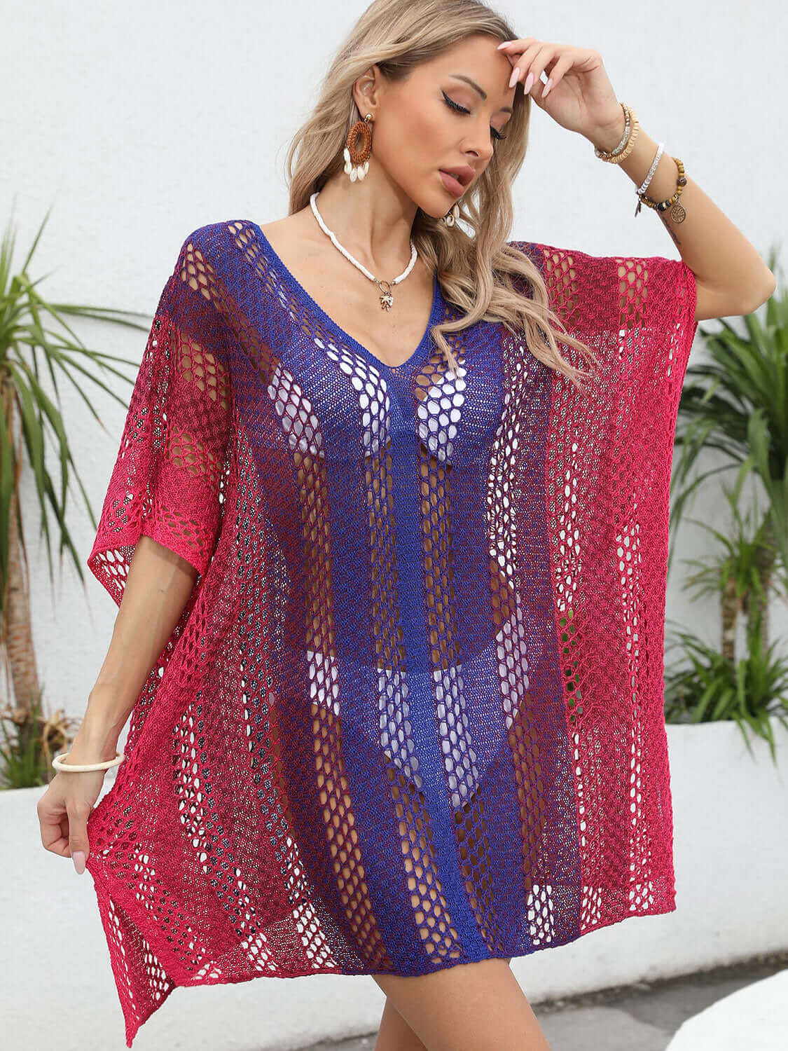 BELLA ROAD Openwork Contrast V-Neck Cover-Up at Bella Road