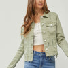 RISEN Full Size Raw Hem Button Up Cropped Denim Jacket Plus Size - Sage