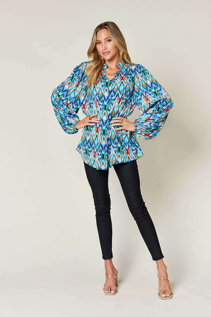 DOUBLE TAKE Full Size Printed Balloon Sleeve Blouse at Bella Road