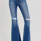 High-rise distressed flare jeans with raw hem, offering a trendy and retro style for a chic wardrobe update.