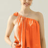 One Shoulder Bow Tie Strap Satin Silk Top - Orange