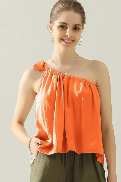 NINEXIS One Shoulder Bow Tie Strap Satin Silk Top at Bella Road