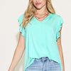 Bamboo Notched Ruffled Short Sleeve T-Shirt - Aqua