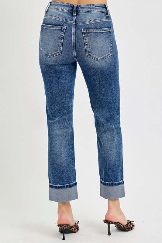 Back view of RISEN Full Size High Rise Crop Straight Roll Up Jeans showing cropped length and rolled hem.