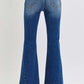 Back view of RISEN Distressed Button-Fly Flare Jeans showcasing a stylish flared leg and trendy distressed design.