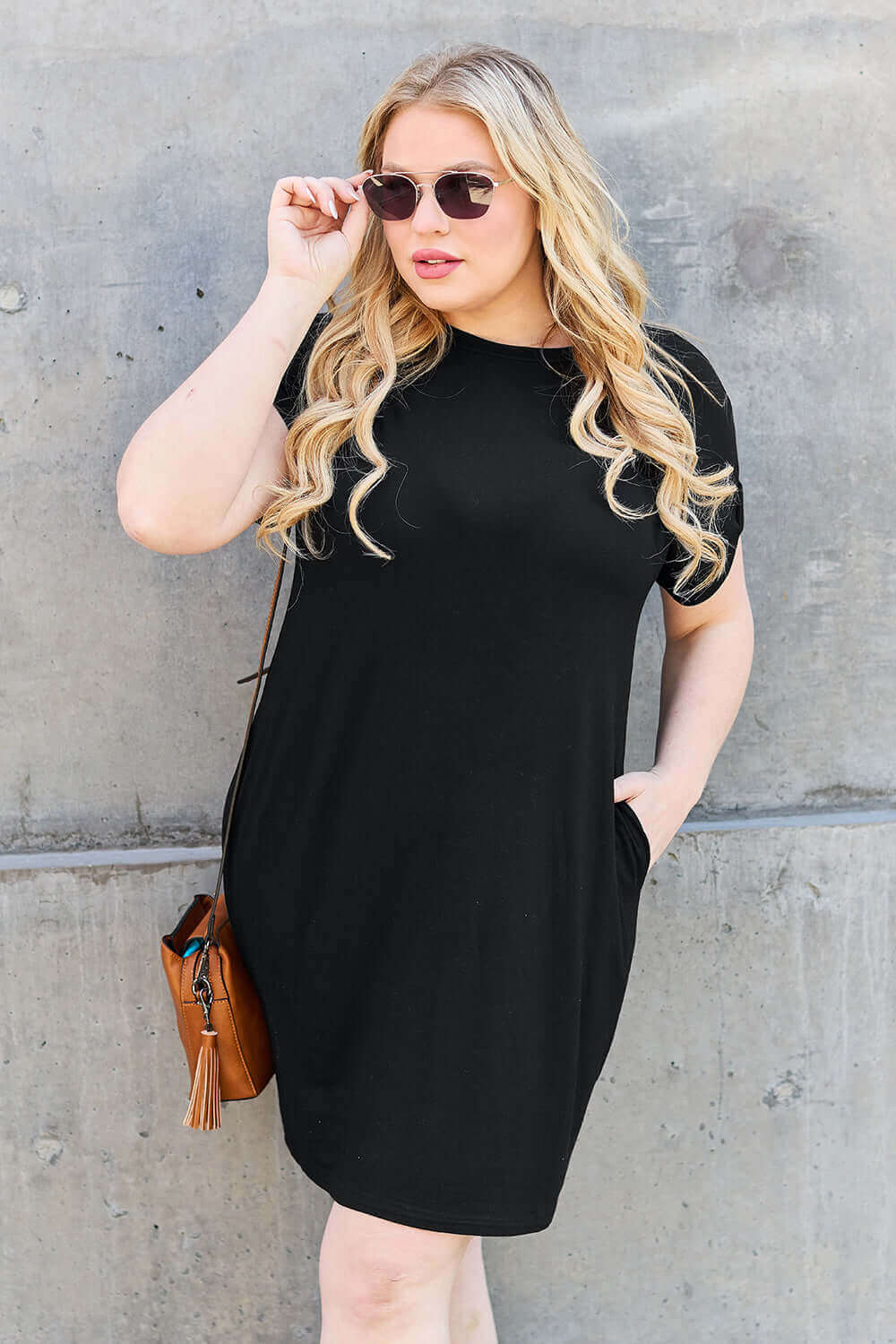 BASIC BAE Full Size Round Neck Short Sleeve Dress with Pockets at Bella Road