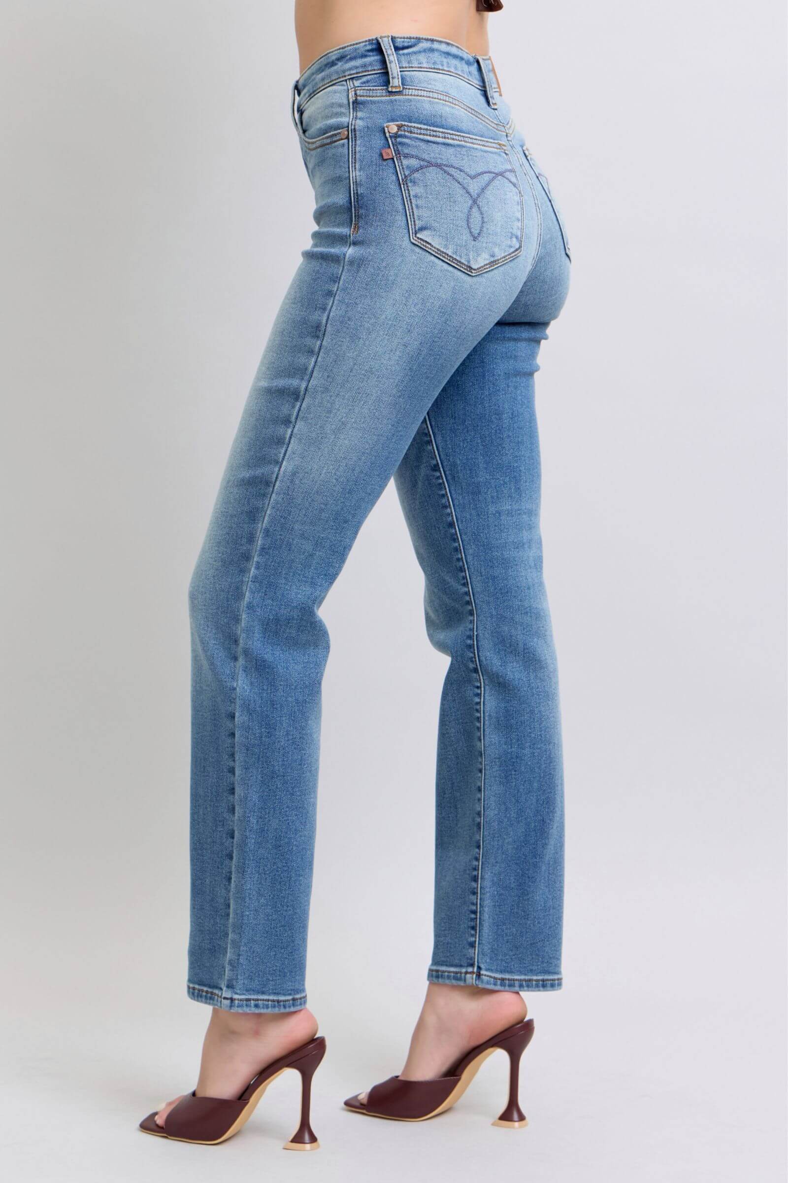 Judy Blue vintage wash thermal straight jeans showcasing a classic straight-leg cut and comfortable fit.