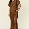 Texture Half Zip Short Sleeve Top and Pants Set | Full Size - Mocha