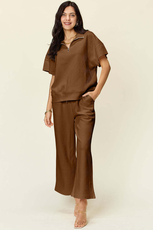 DOUBLE TAKE Full Size Texture Half Zip Short Sleeve Top and Pants Set at Bella Road