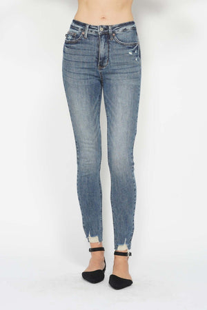 Tummy Control Vintage Wash Hem Destroy Skinny Jeans by Judy Blue Jeans featuring distressed hem detailing and flattering fit