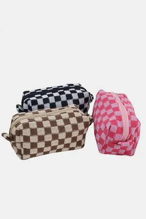 Stylish checkered pattern knitted cosmetic pouches in black, pink, and brown, perfect for organizing makeup essentials.