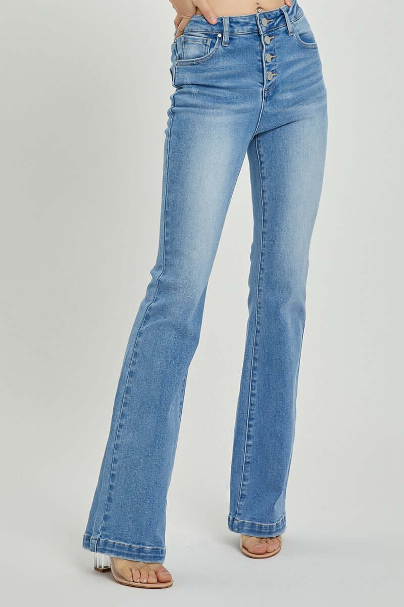 High rise button fly bootcut jeans for a flattering silhouette and vintage style, perfect with heels or flats.