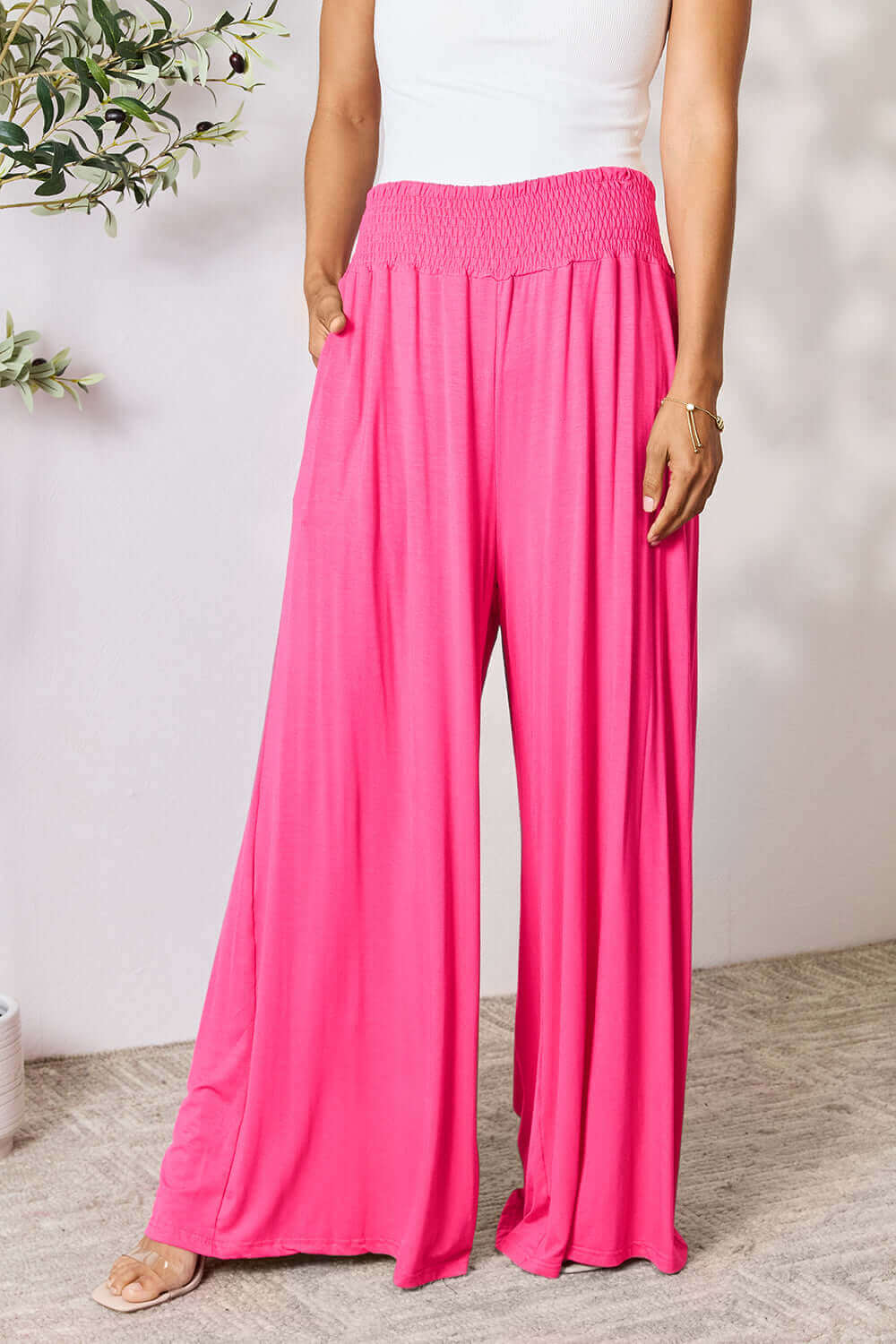 DOUBLE TAKE Full Size Smocked Wide Waistband Wide Leg Pants at Bella Road