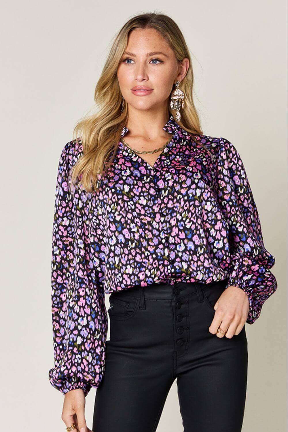 DOUBLE TAKE Full Size Printed Long Sleeve Blouse at Bella Road