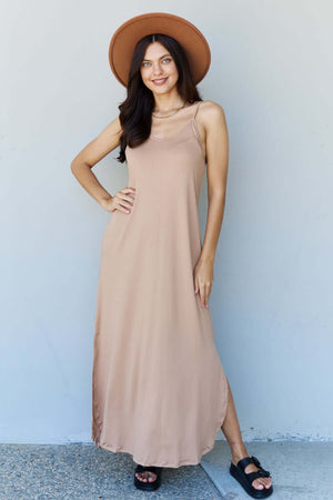 NINEXIS Good Energy Full Size Cami Side Slit Maxi Dress in Camel at Bella Road